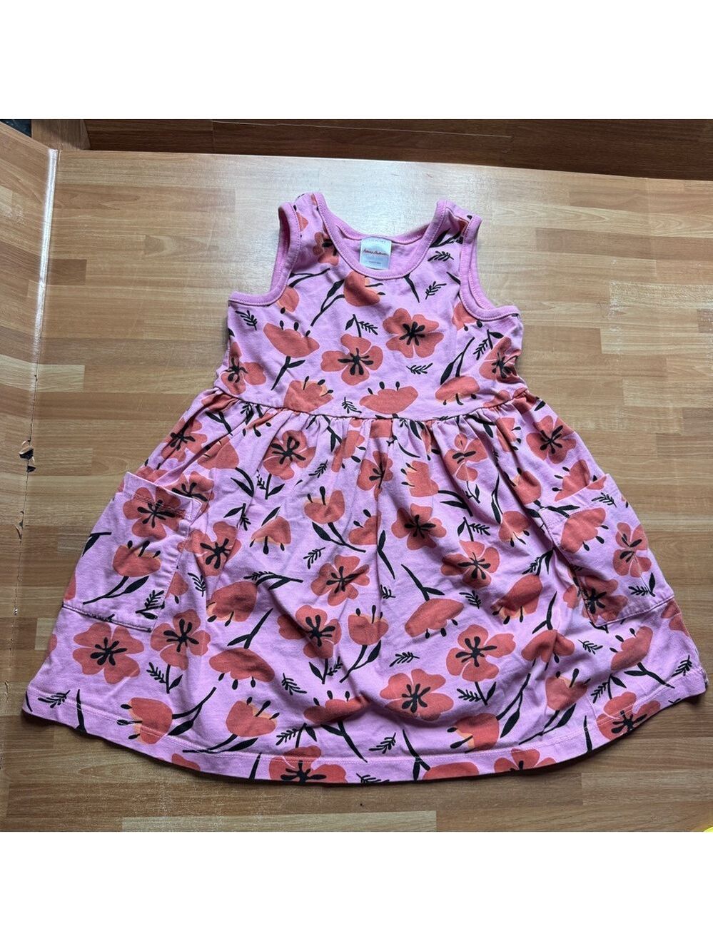 Hanna Andersson sleeveless cotton dress size 5, pink poppy print, pockets